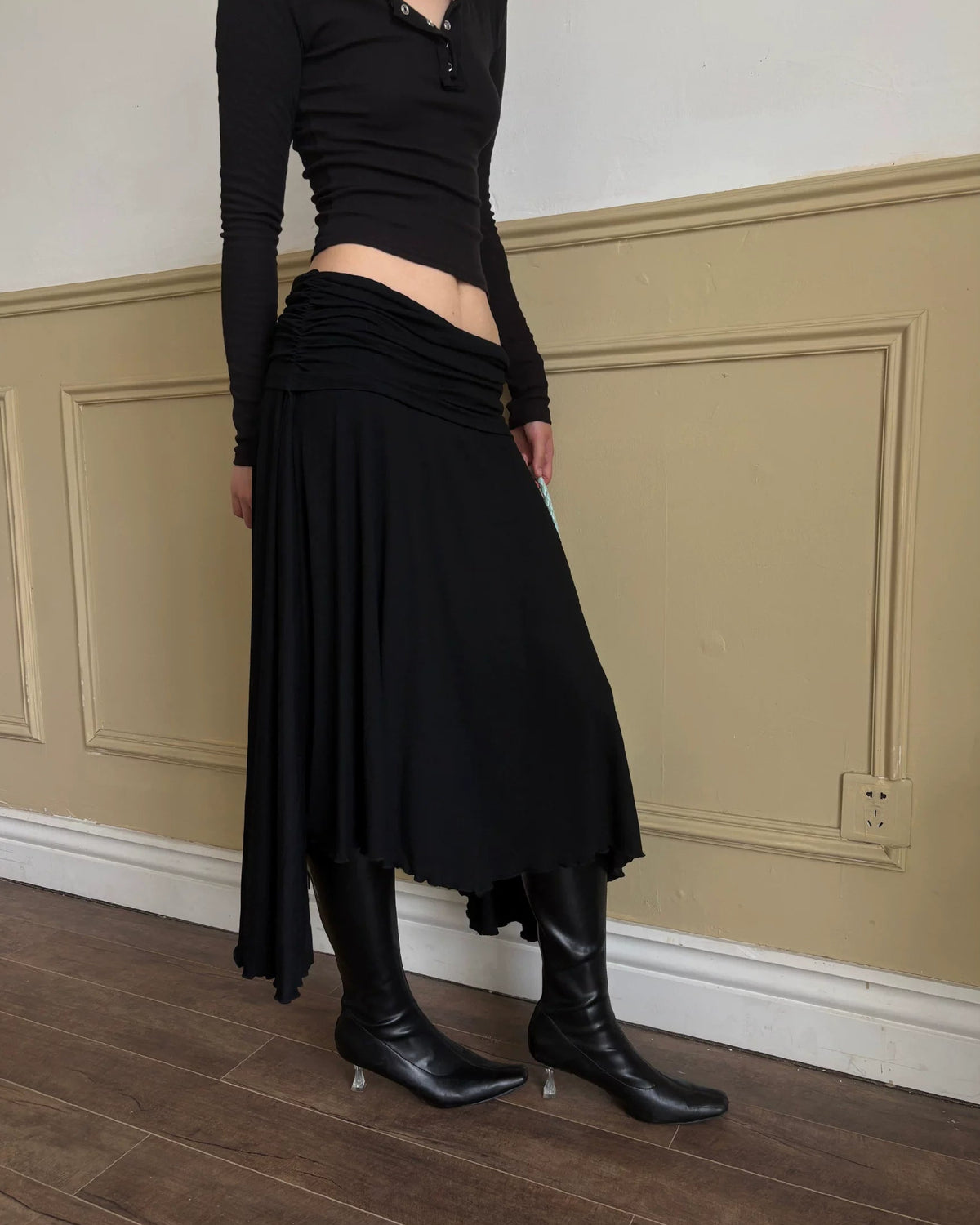 Draped Fold-Over Asymmetric Midi Skirt