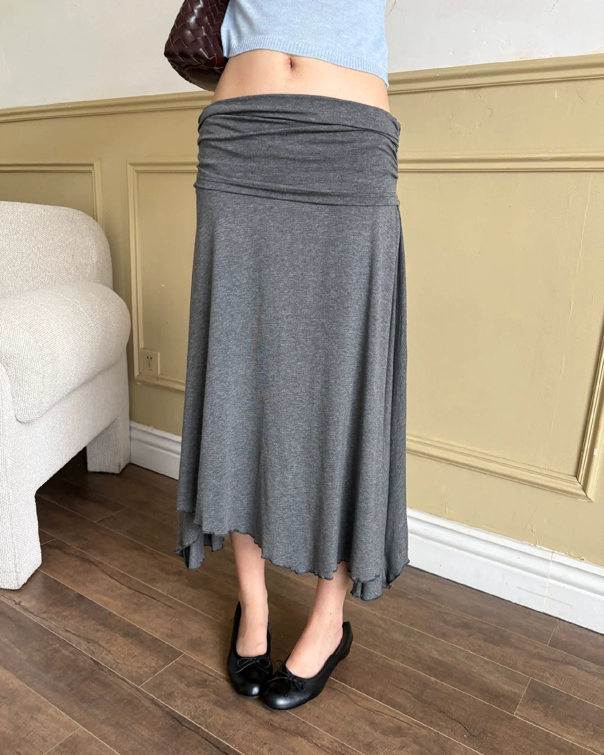 Draped Fold-Over Asymmetric Midi Skirt