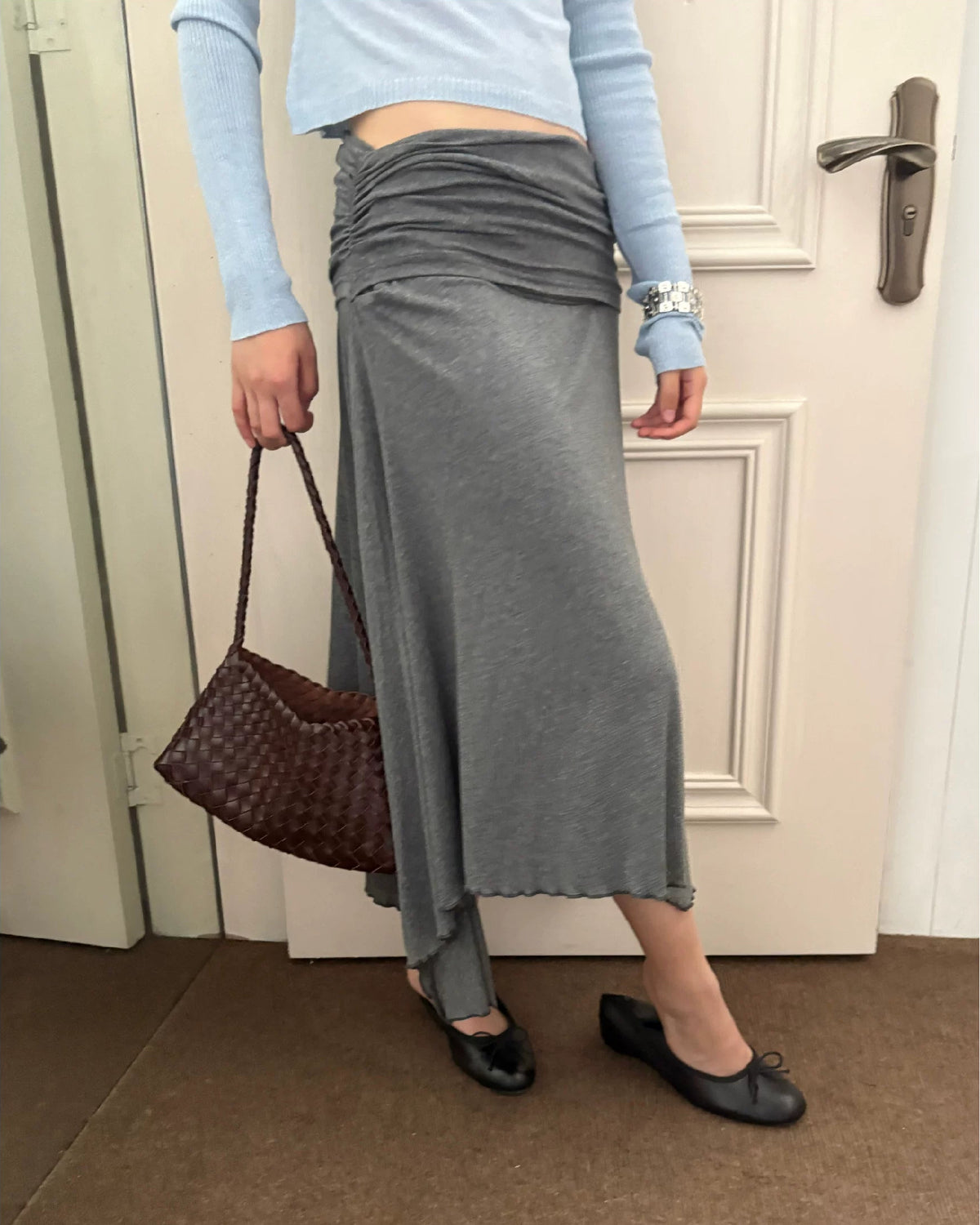 Draped Fold-Over Asymmetric Midi Skirt
