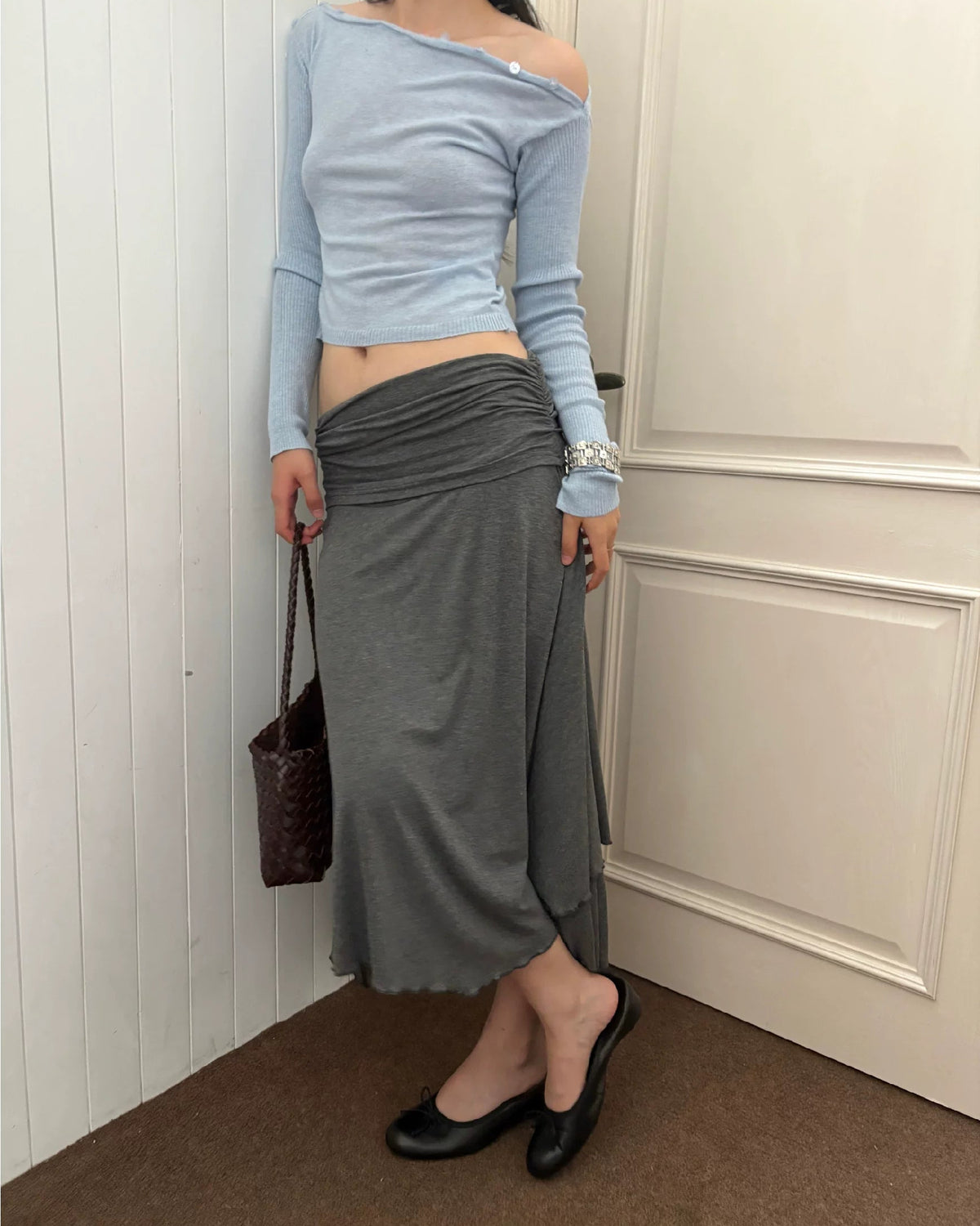 Draped Fold-Over Asymmetric Midi Skirt