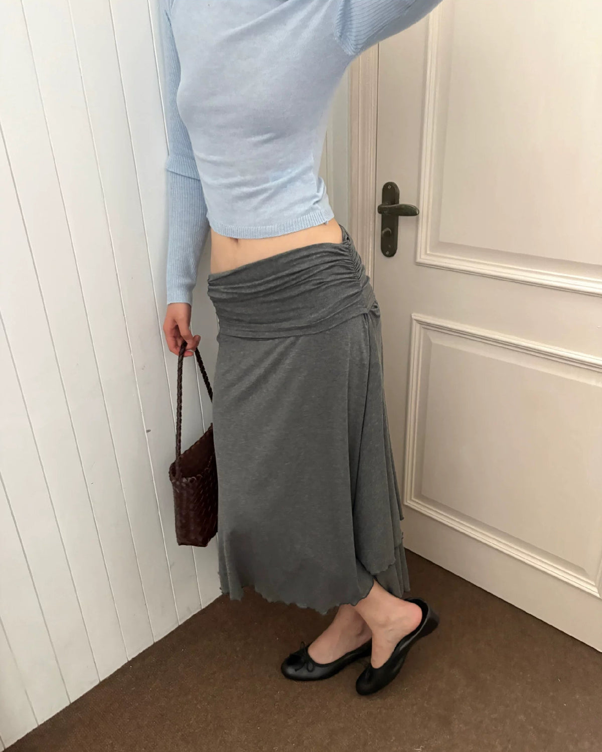 Draped Fold-Over Asymmetric Midi Skirt