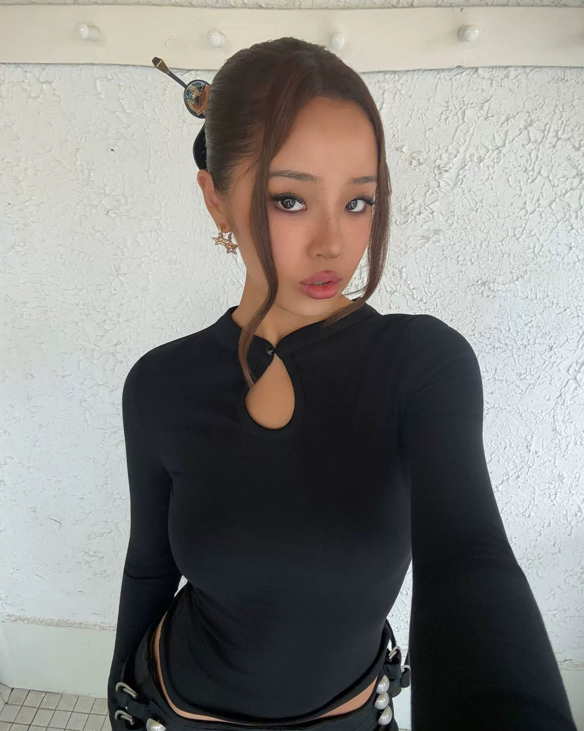Dual-Wear Mandarin Cutout Long Sleeve Top