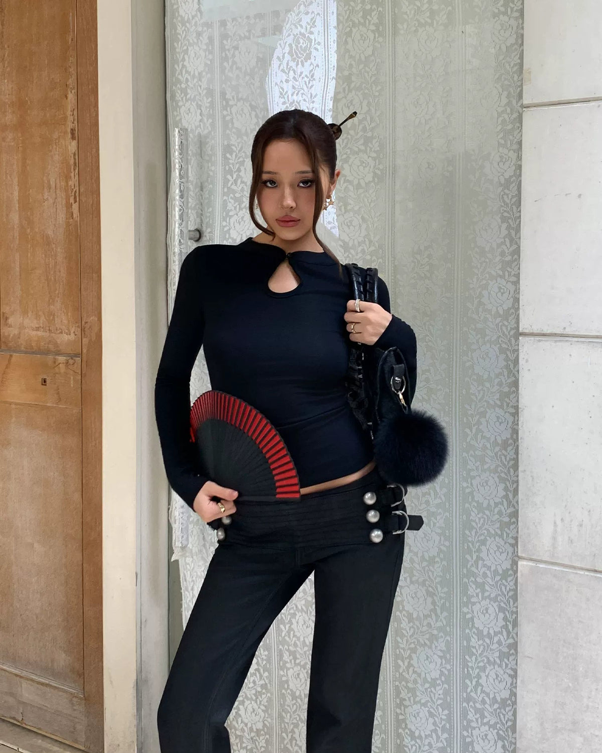 Dual-Wear Mandarin Cutout Long Sleeve Top