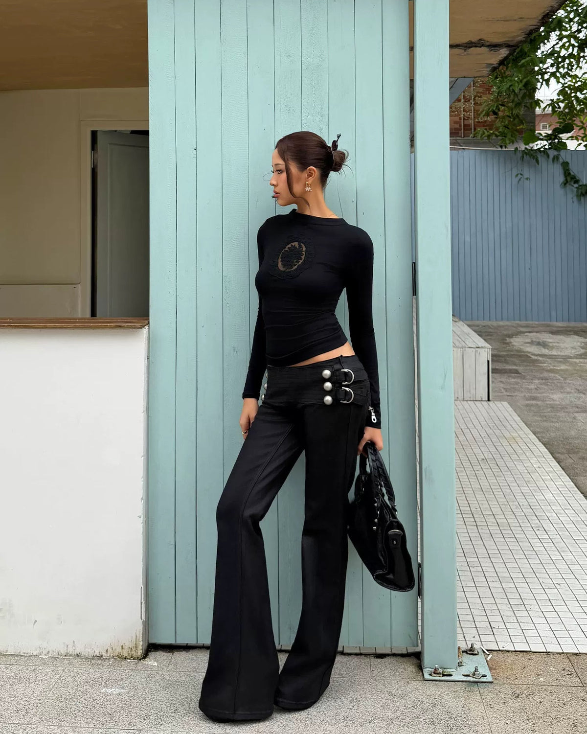 Dual-Wear Mandarin Cutout Long Sleeve Top