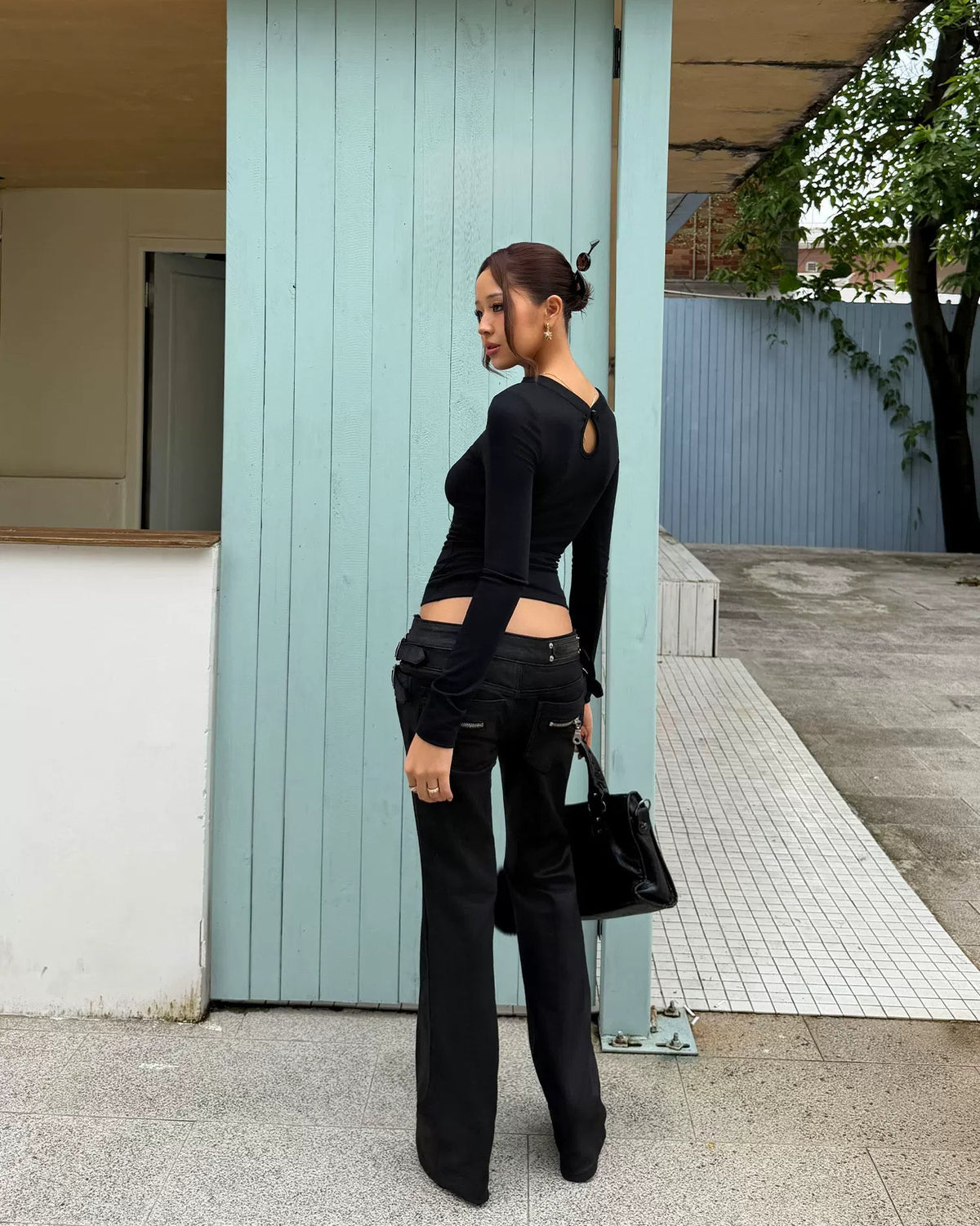 Dual-Wear Mandarin Cutout Long Sleeve Top