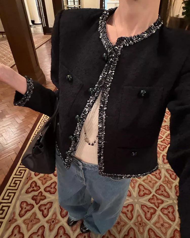 Elle | Black Tweed Cropped Jacket