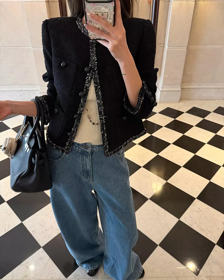 Elle | Black Tweed Cropped Jacket
