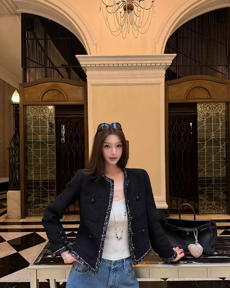 Elle | Black Tweed Cropped Jacket
