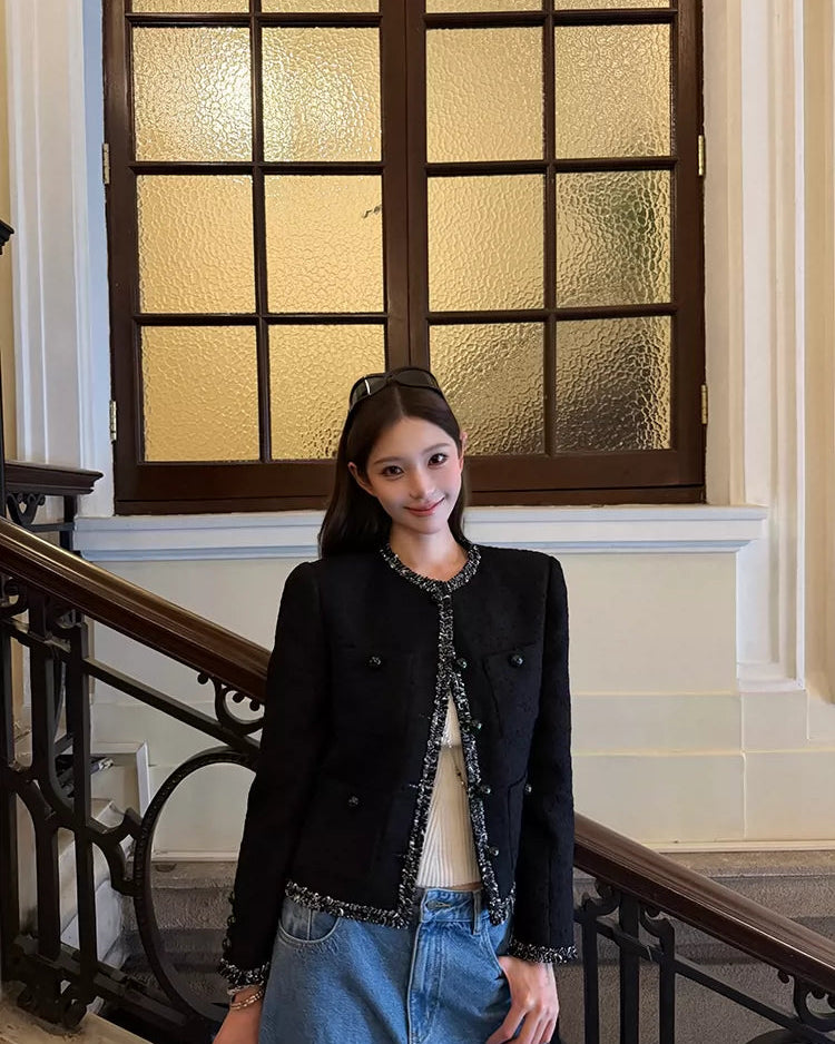 Elle | Black Tweed Cropped Jacket
