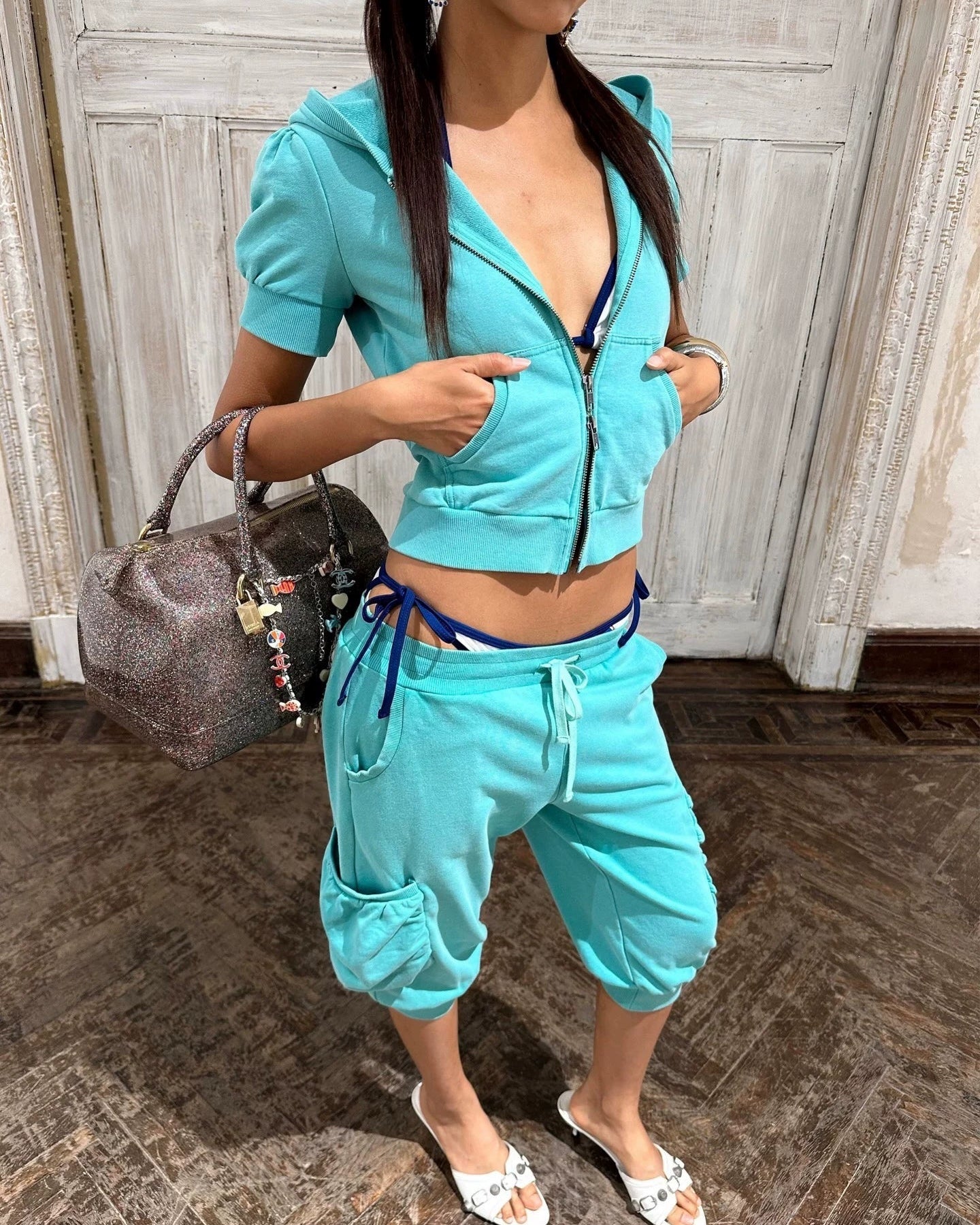 Elle | Cropped Short Sleeve Zip-Up Hoodie
