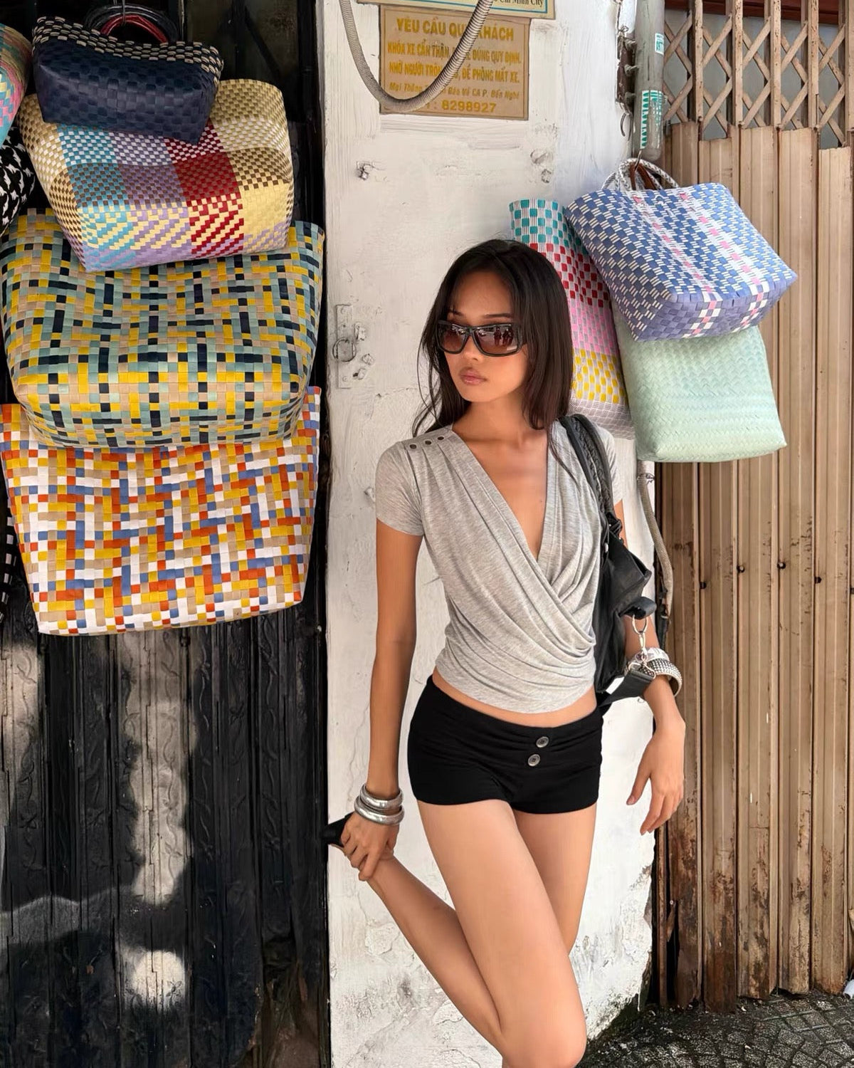 Elle | Gray Draped Deep V-Neck Ruched Slim Fit Tee