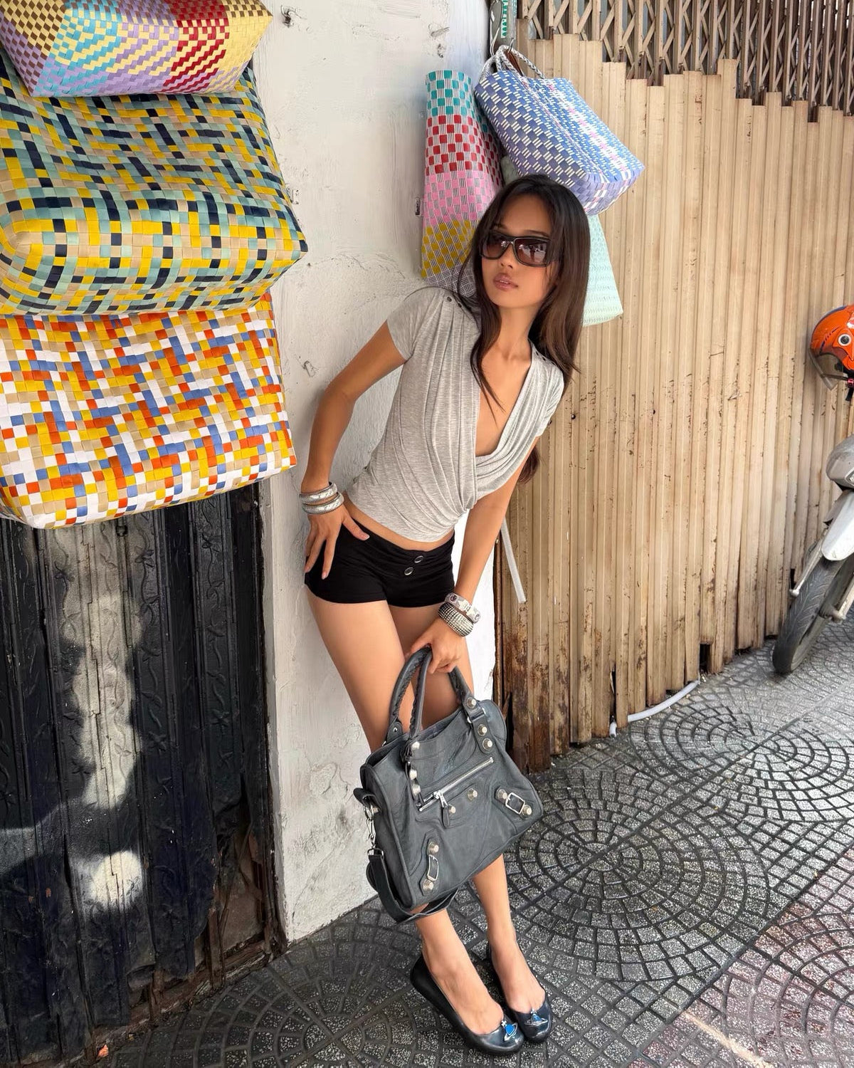 Elle | Gray Draped Deep V-Neck Ruched Slim Fit Tee