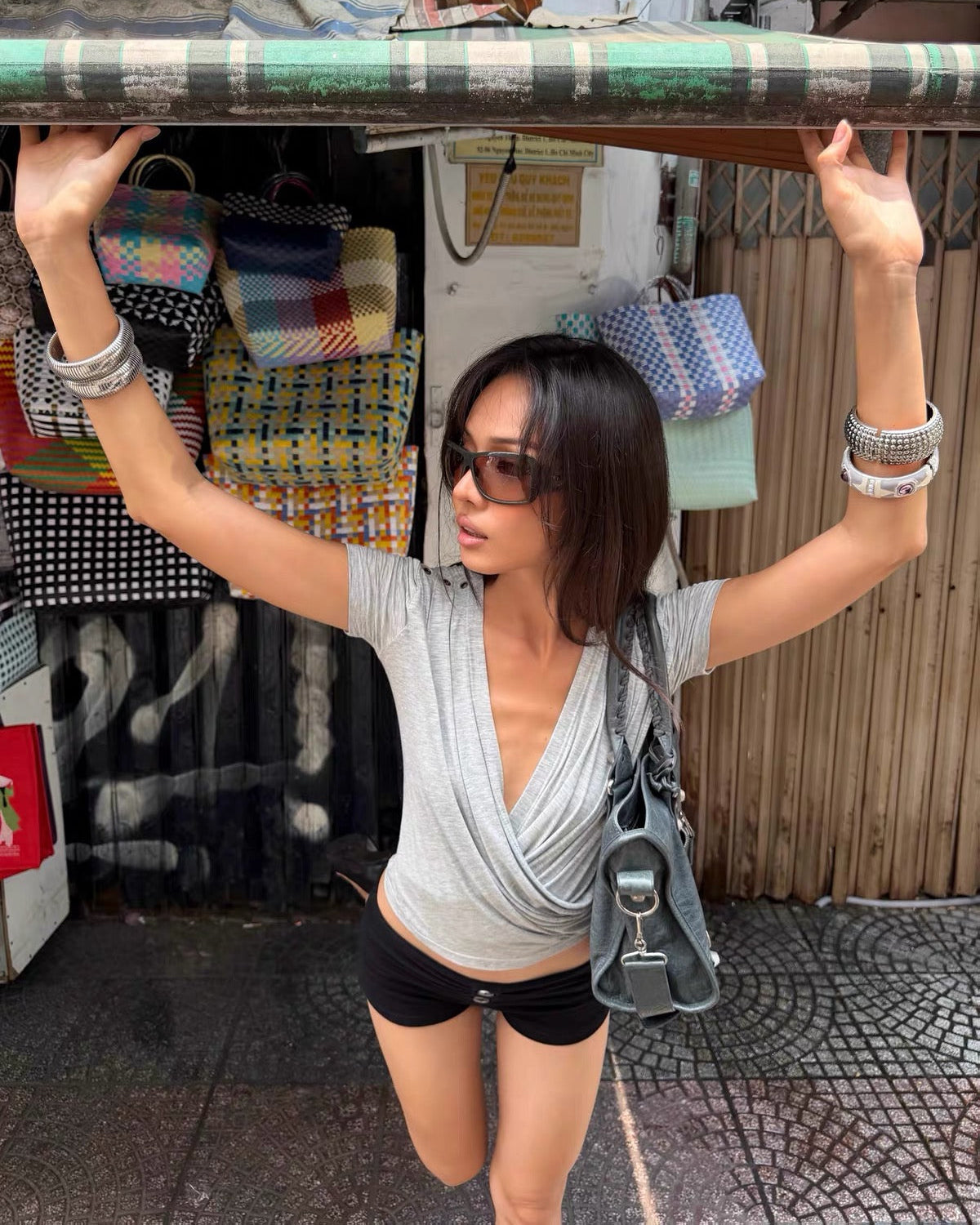 Elle | Gray Draped Deep V-Neck Ruched Slim Fit Tee