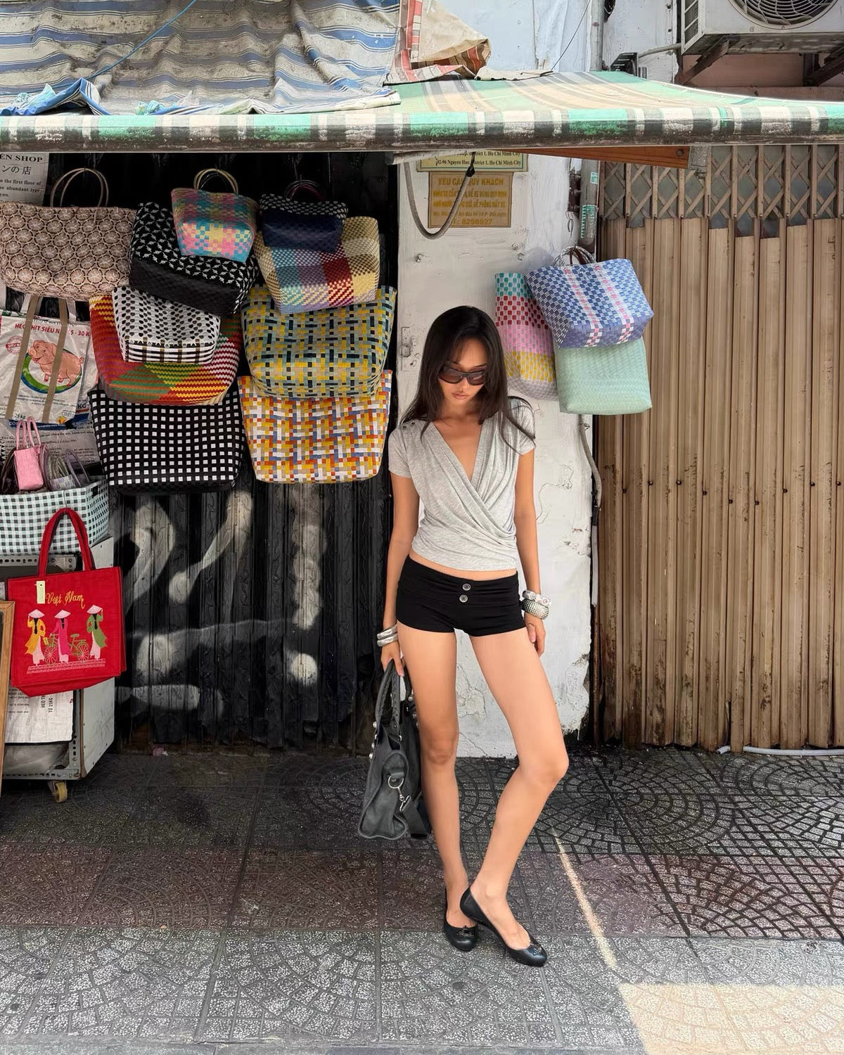 Elle | Gray Draped Deep V-Neck Ruched Slim Fit Tee