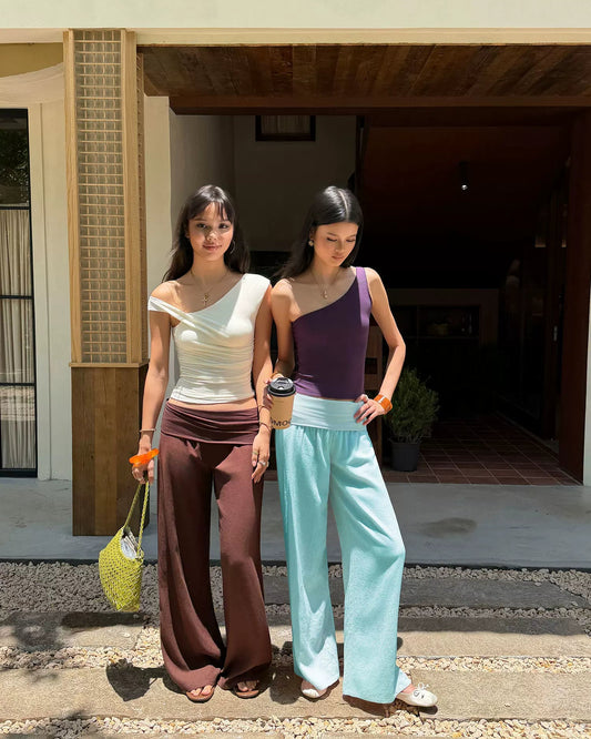 Elle | Linen Blend Foldover Wide-Leg Pants