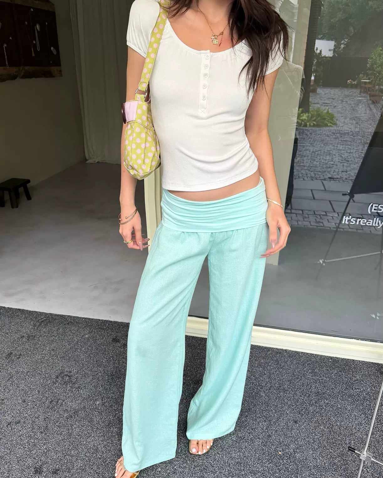 Elle | Linen Blend Foldover Wide-Leg Pants