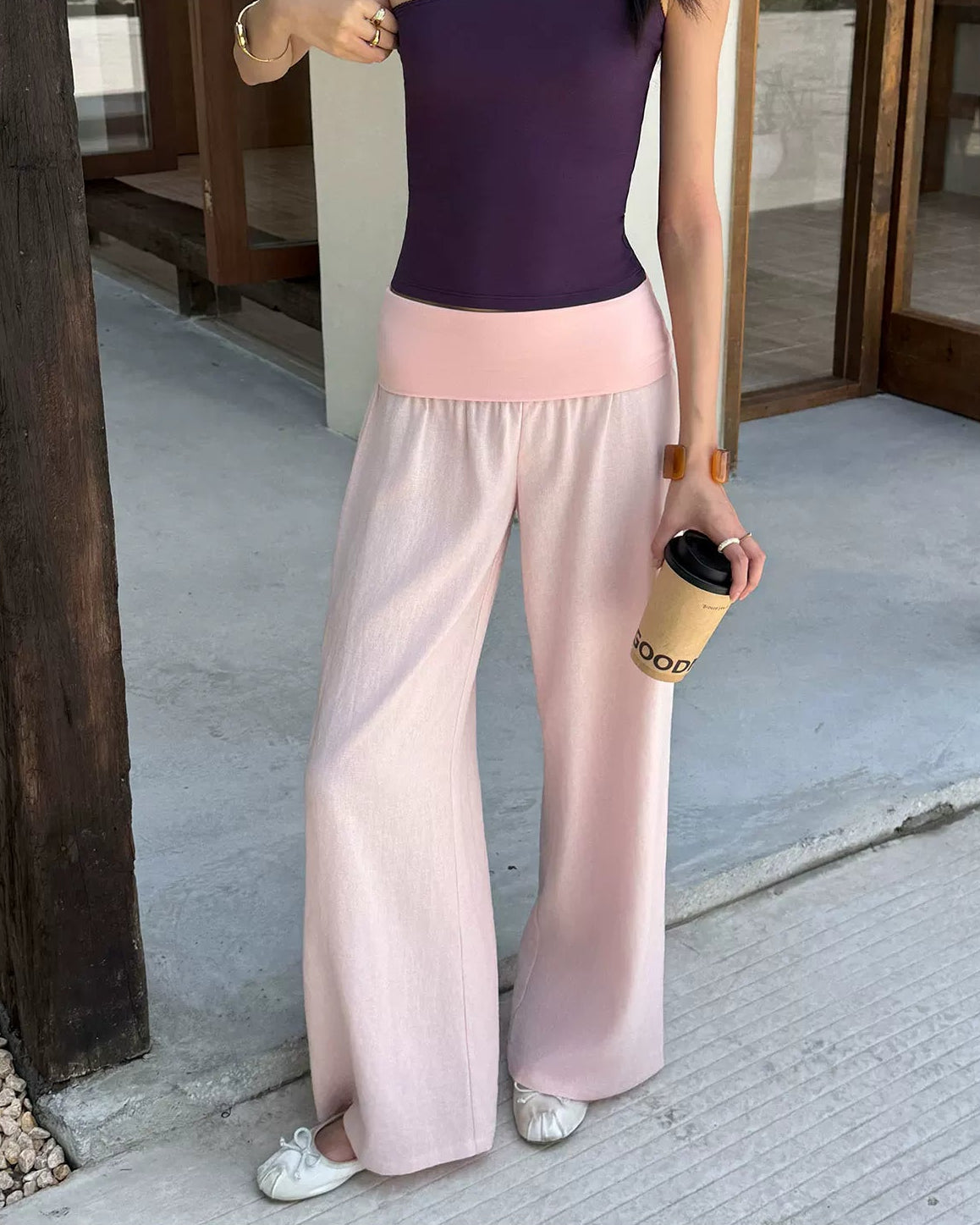 Elle | Linen Blend Foldover Wide-Leg Pants
