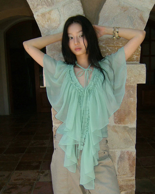 Elle | Mint Ruffle Chiffon Cape Top