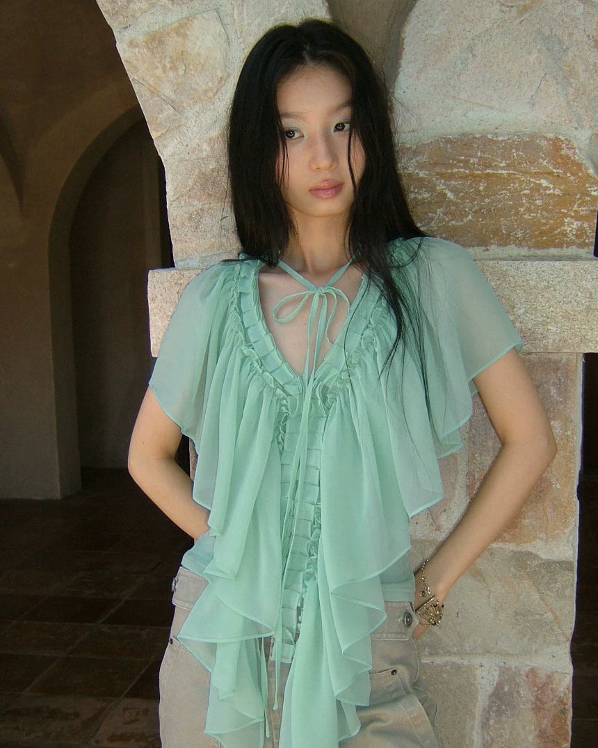 Elle | Mint Ruffle Chiffon Cape Top