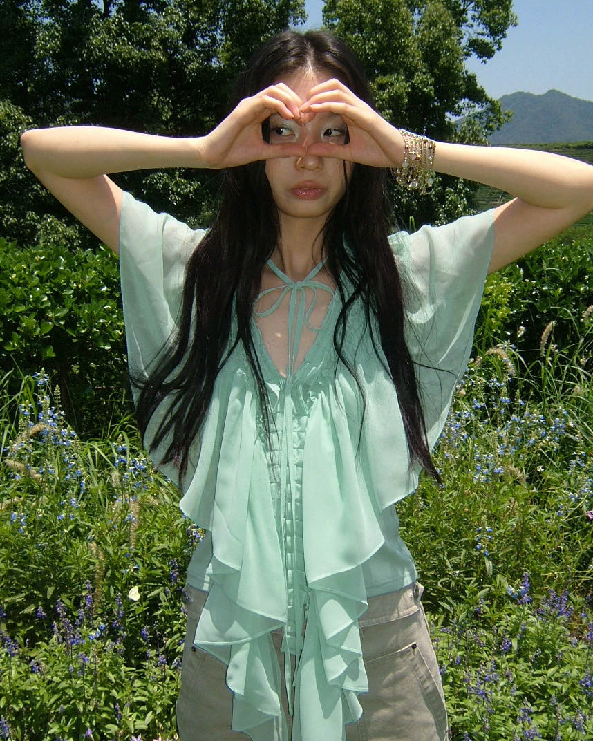 Elle | Mint Ruffle Chiffon Cape Top