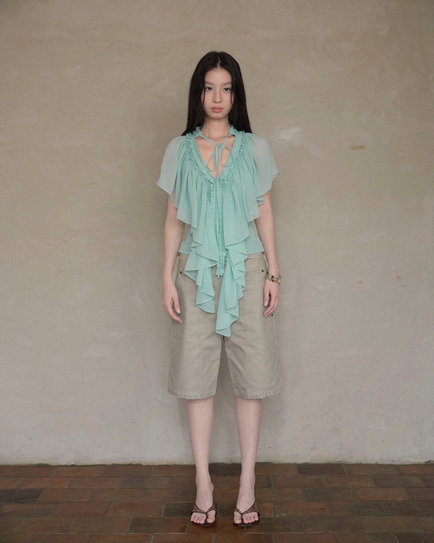Elle | Mint Ruffle Chiffon Cape Top