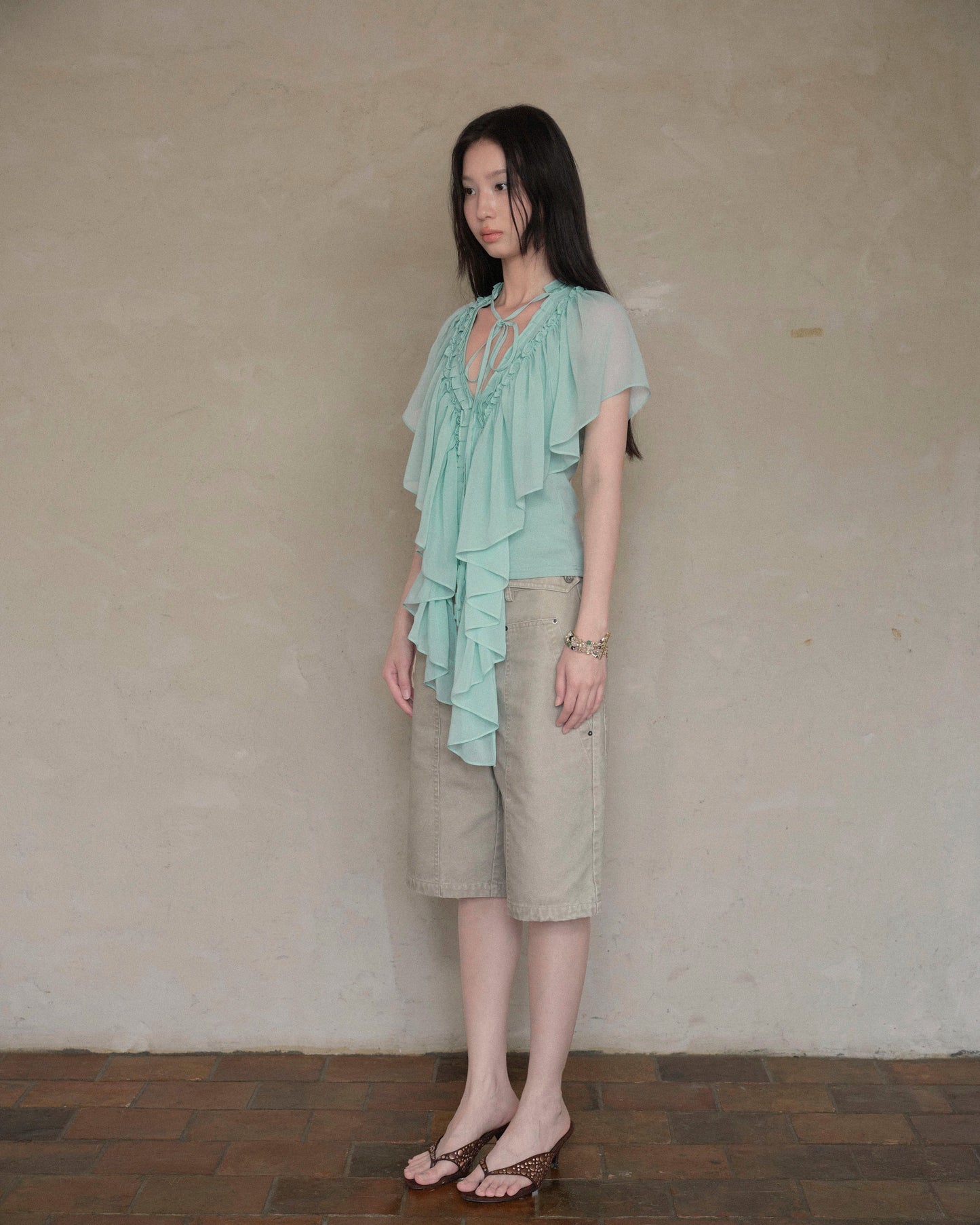 Elle | Mint Ruffle Chiffon Cape Top