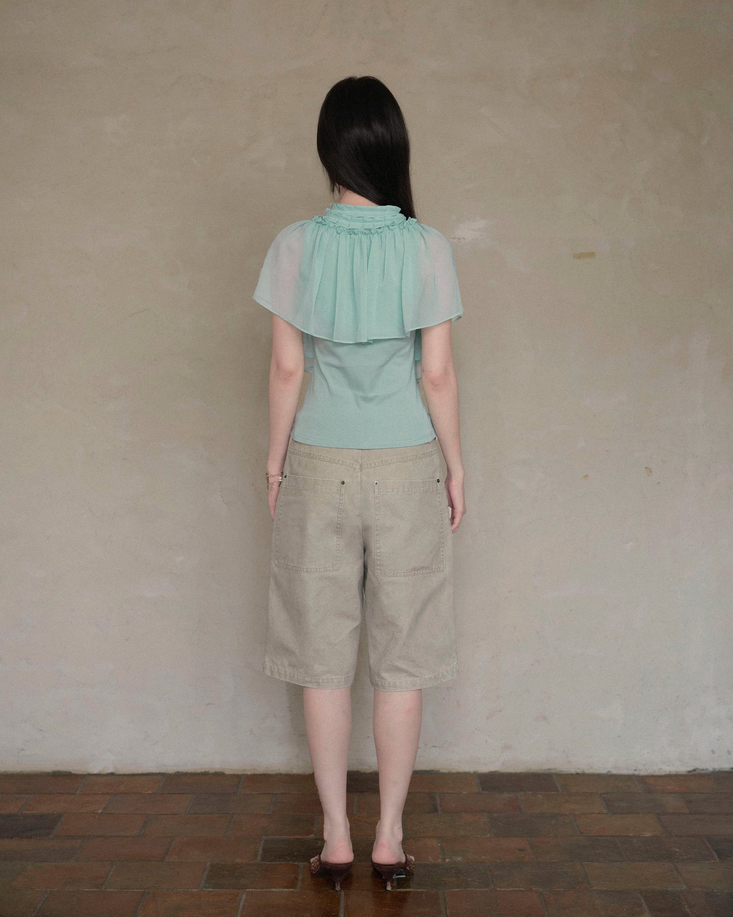 Elle | Mint Ruffle Chiffon Cape Top