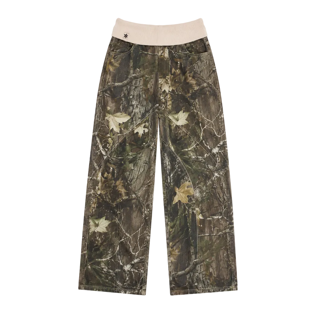 Elle | Ribbed Waistband Tree Camo Straight-Leg Jeans