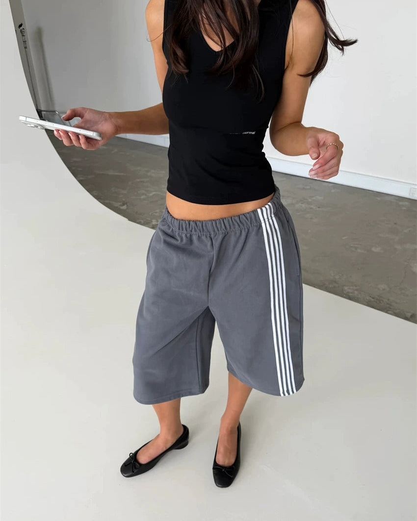 Elle | Sport Stripe Raw Hem Sweat Capri Shorts