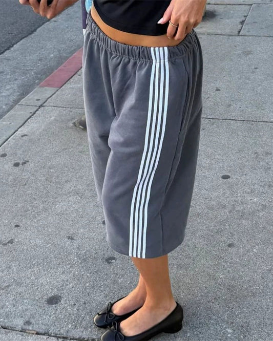 Elle | Sport Stripe Raw Hem Sweat Capri Shorts