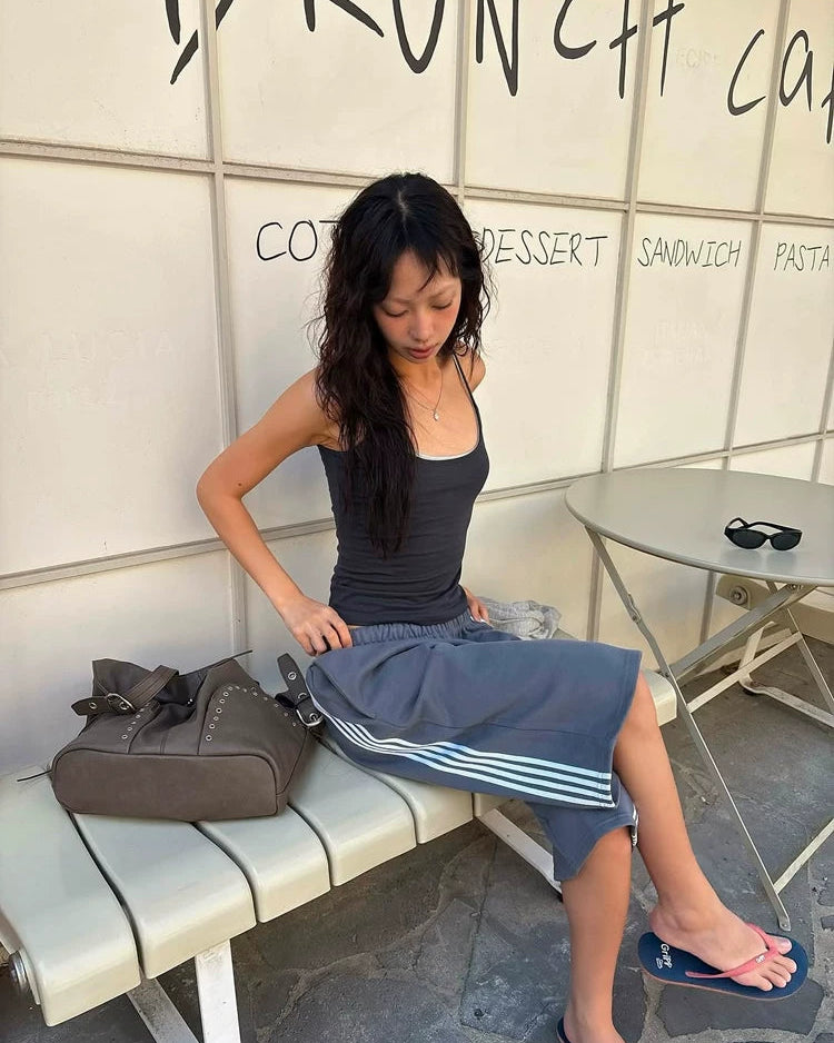 Elle | Sport Stripe Raw Hem Sweat Capri Shorts