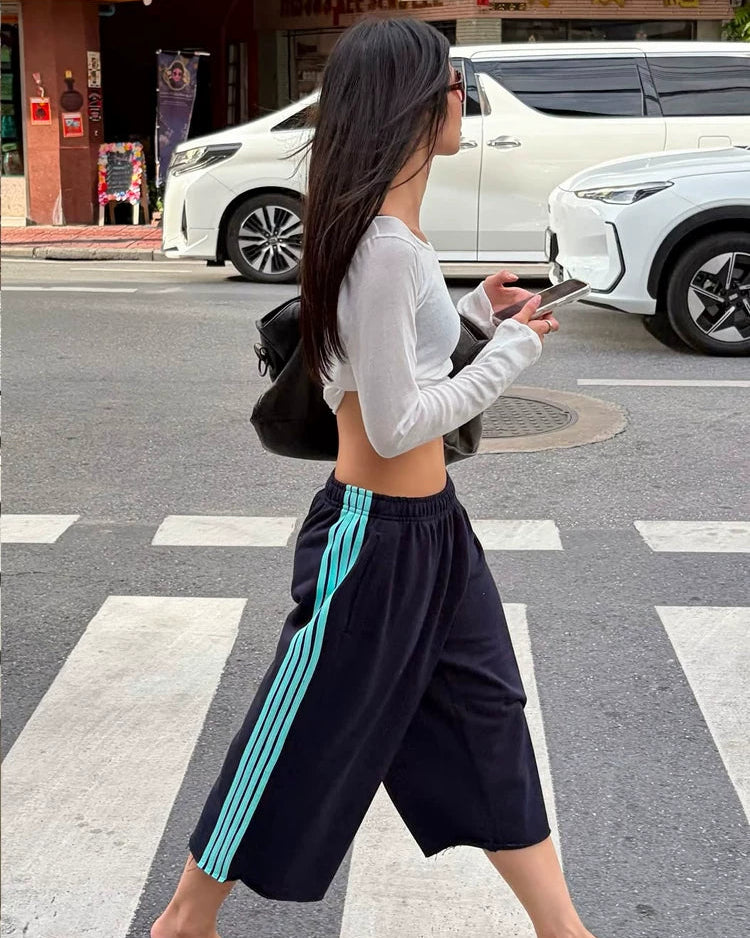Elle | Sport Stripe Raw Hem Sweat Capri Shorts