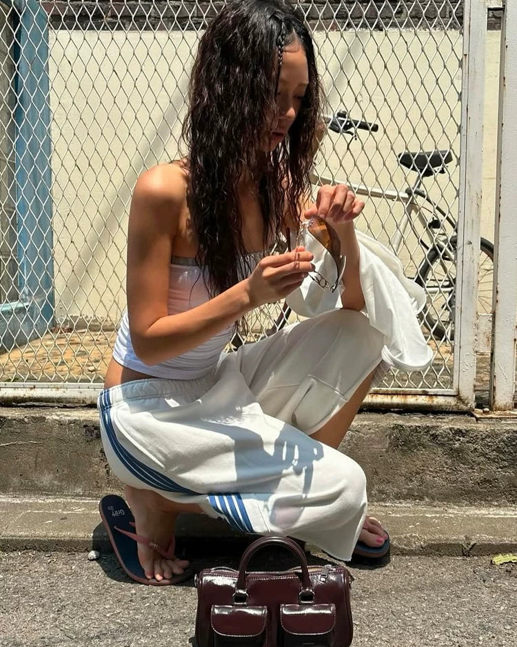 Elle | Sport Stripe Raw Hem Sweat Capri Shorts