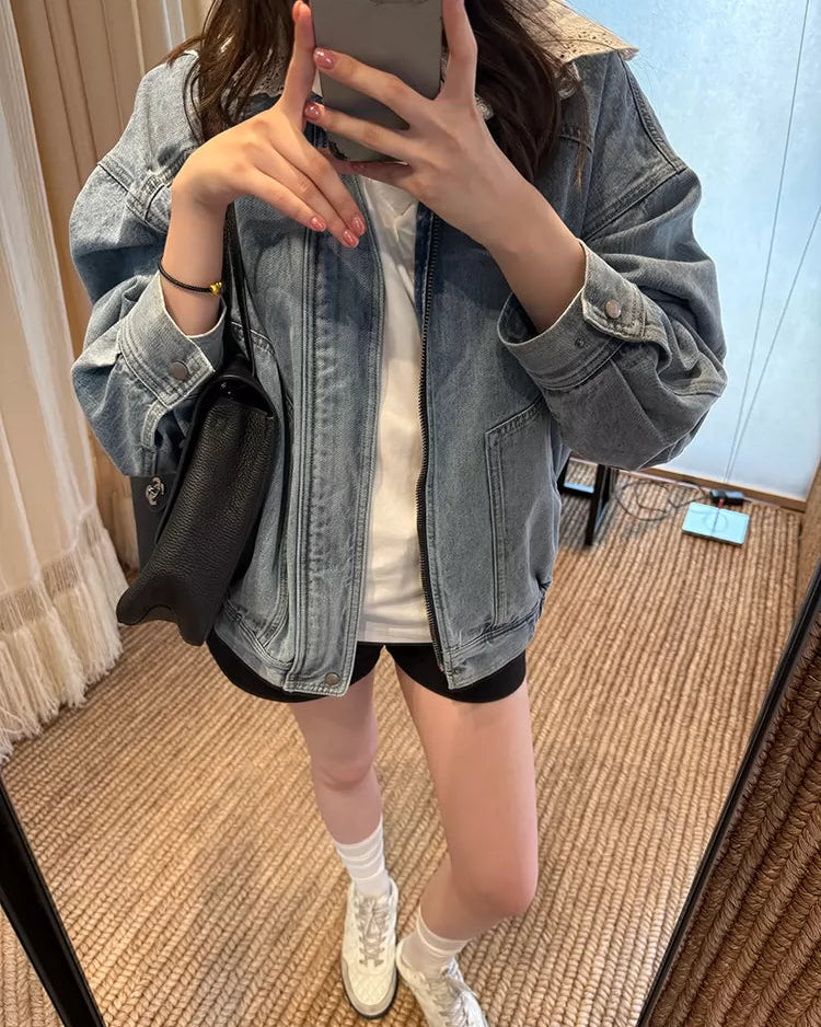 Elle | Vintage Oversized Zip-Up Washed Denim Jacket