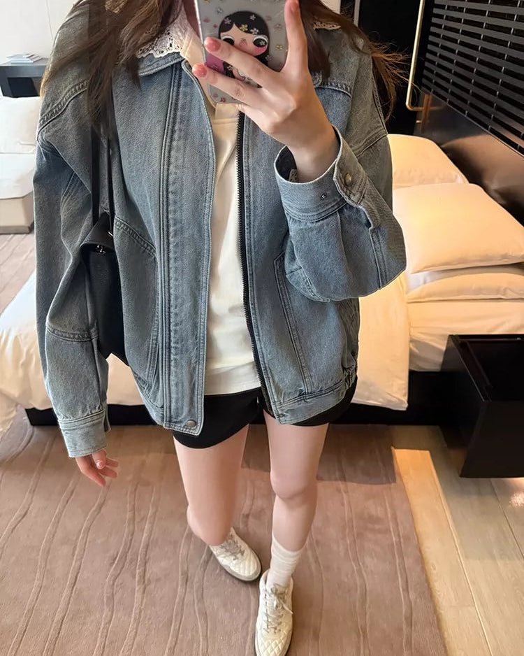 Elle | Vintage Oversized Zip-Up Washed Denim Jacket