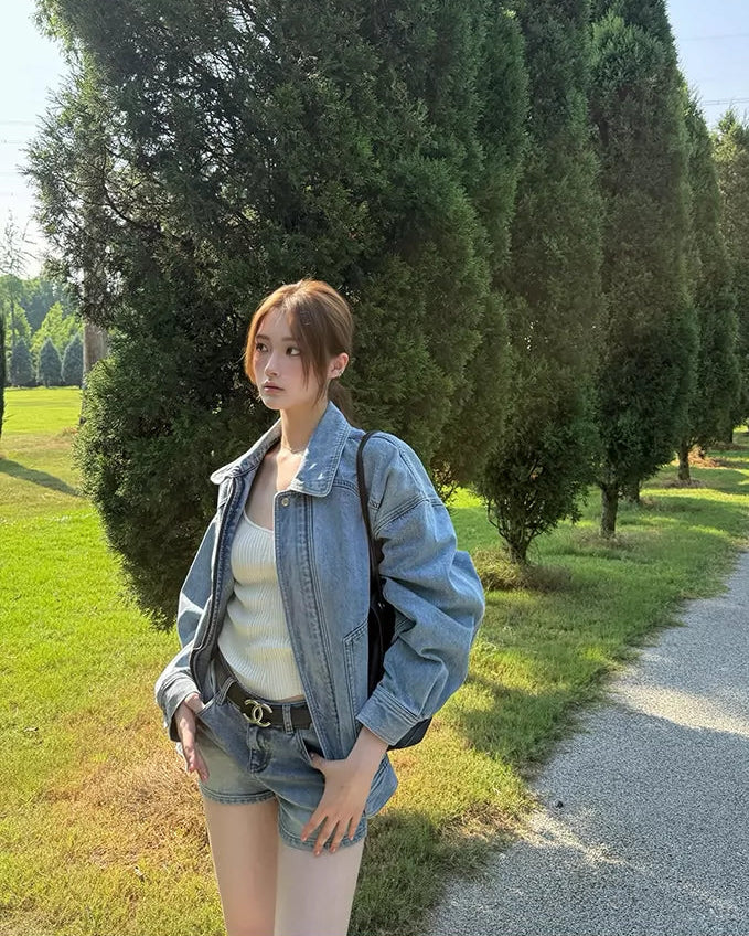 Elle | Vintage Oversized Zip-Up Washed Denim Jacket