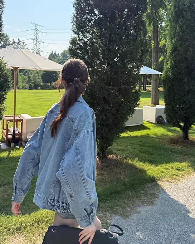 Elle | Vintage Oversized Zip-Up Washed Denim Jacket