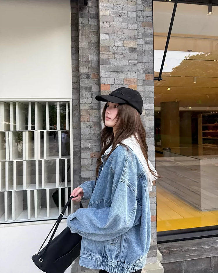 Elle | Vintage Oversized Zip-Up Washed Denim Jacket