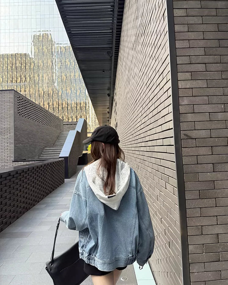 Elle | Vintage Oversized Zip-Up Washed Denim Jacket