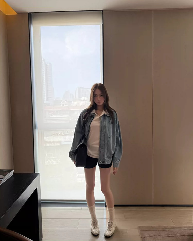 Elle | Vintage Oversized Zip-Up Washed Denim Jacket