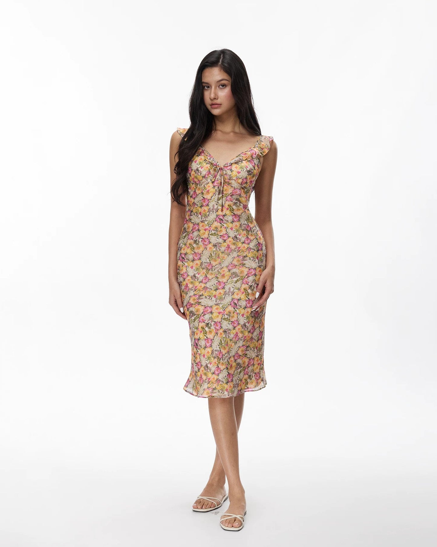 Elle | French Floral Ruffle V-Neck Midi Dress