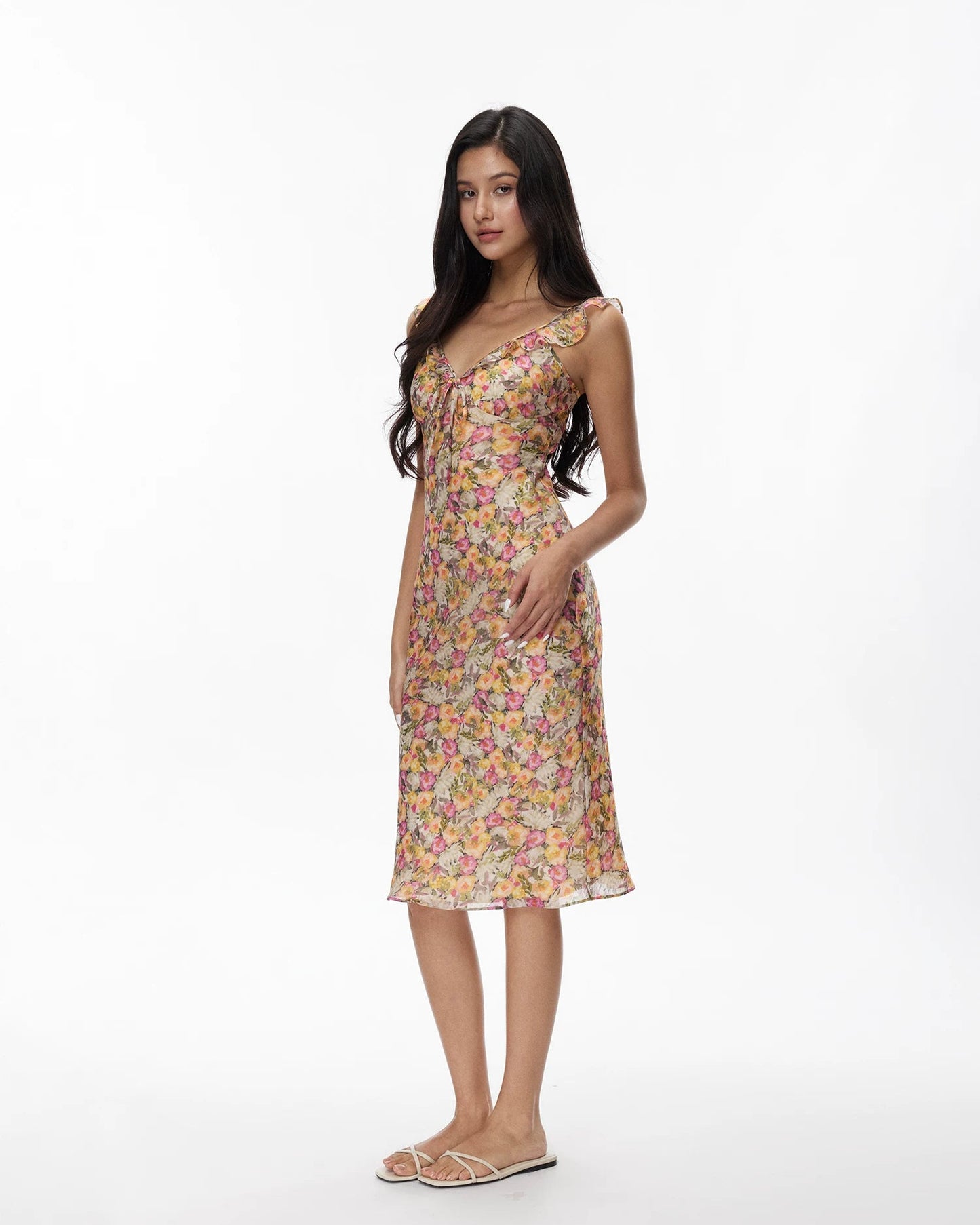 Elle | French Floral Ruffle V-Neck Midi Dress