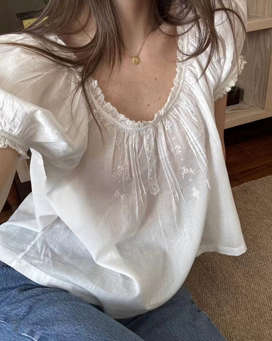 French Lace Embroidered Cotton Blouse