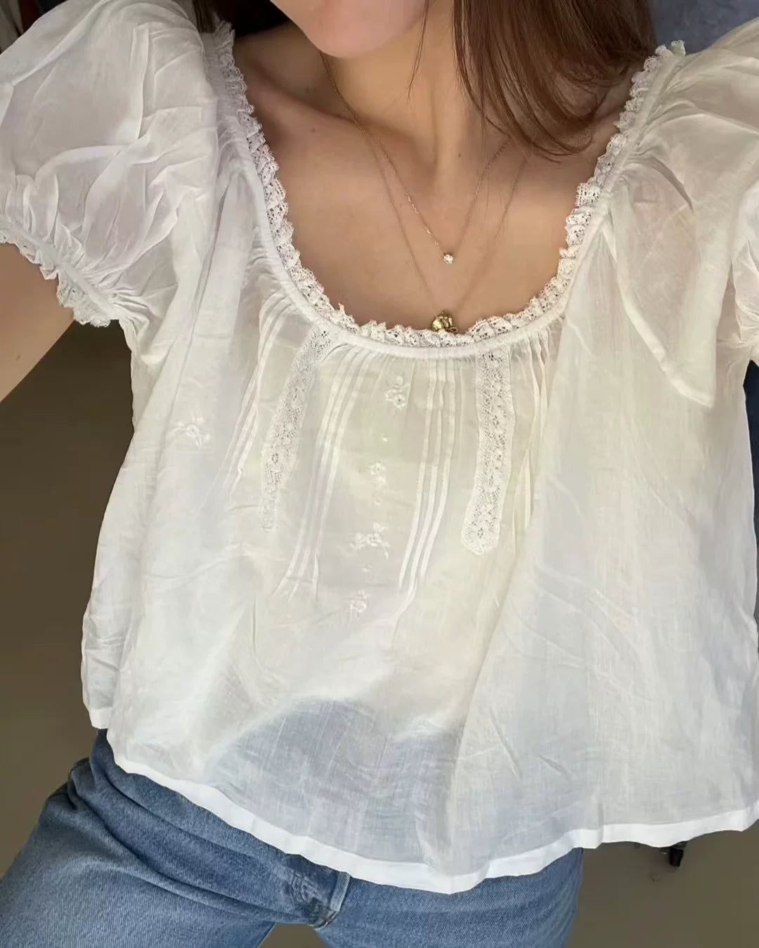 Elle | French Lace Embroidered Cotton Blouse