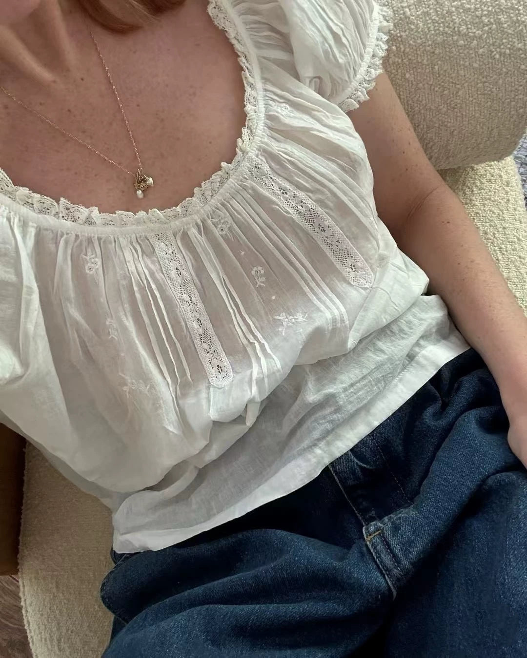 Elle | French Lace Embroidered Cotton Blouse