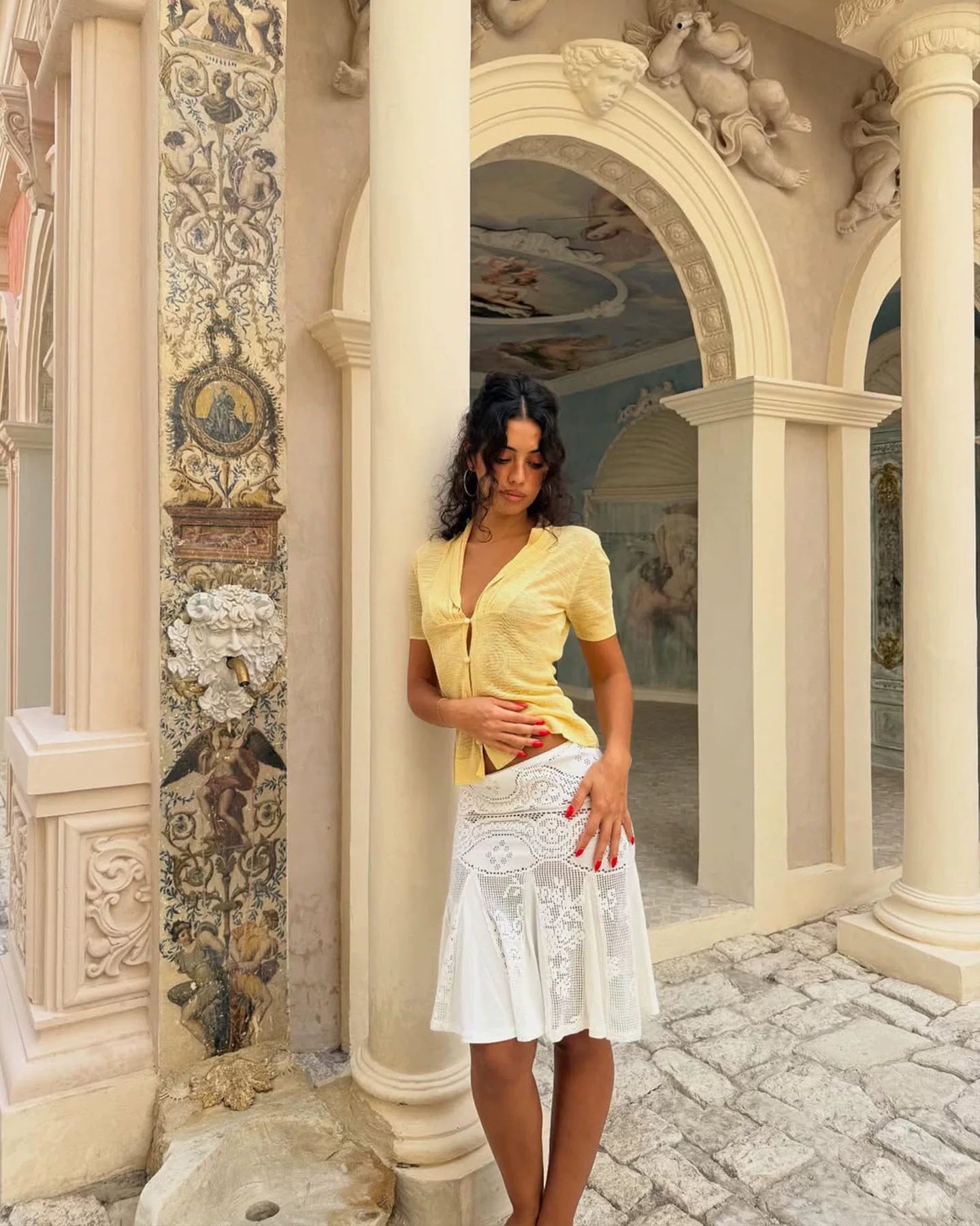 Elle | Grace Low-Rise Lace Panel Flared Midi Skirt