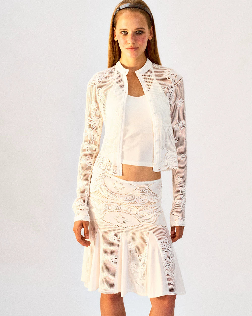 Grace Low-Rise Lace Panel Flared Midi Skirt