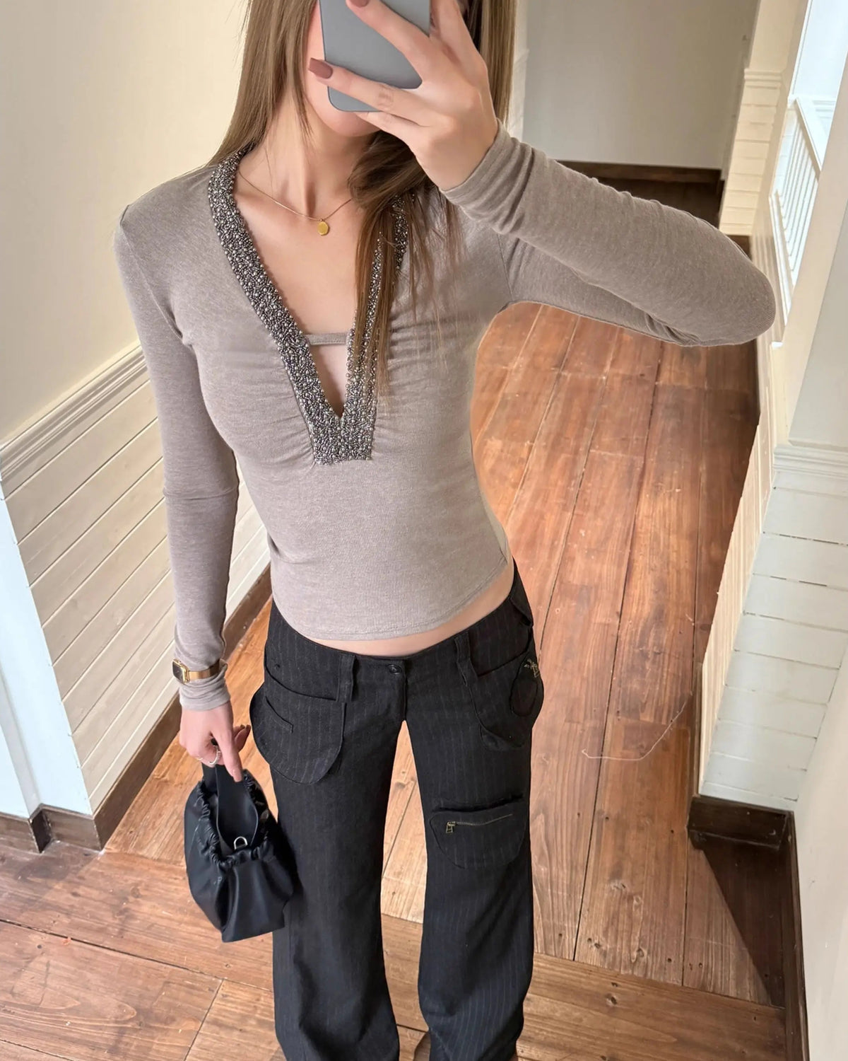 Hand-Beaded Deep V Long Sleeve Top