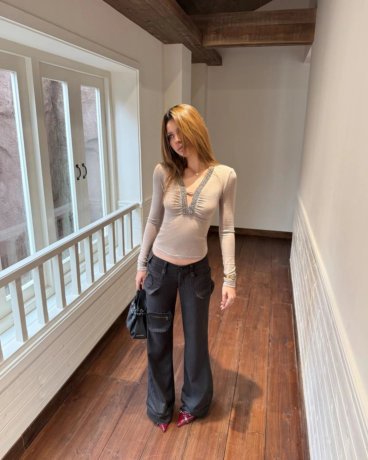Hand-Beaded Deep V Long Sleeve Top