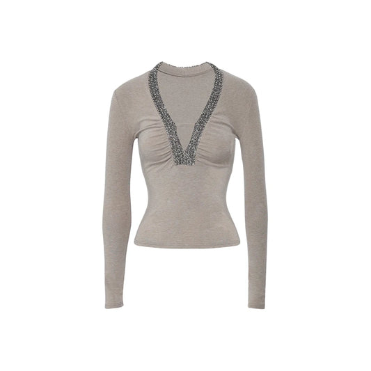 Hand-Beaded Deep V Long Sleeve Top